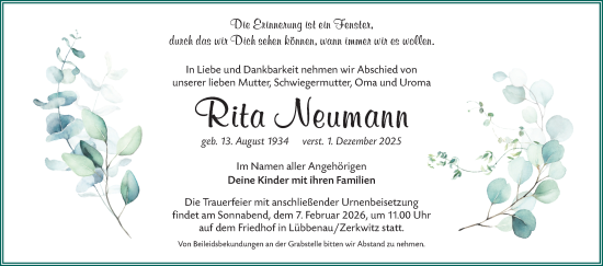 Traueranzeige von Rita Neumann von Ausg. LR Spreewald RS