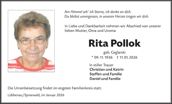Traueranzeige von Rita Pollok von Ausg. LR Spreewald RS