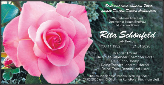 Traueranzeige von Rita Schönfeld von Lausitzer Rundschau