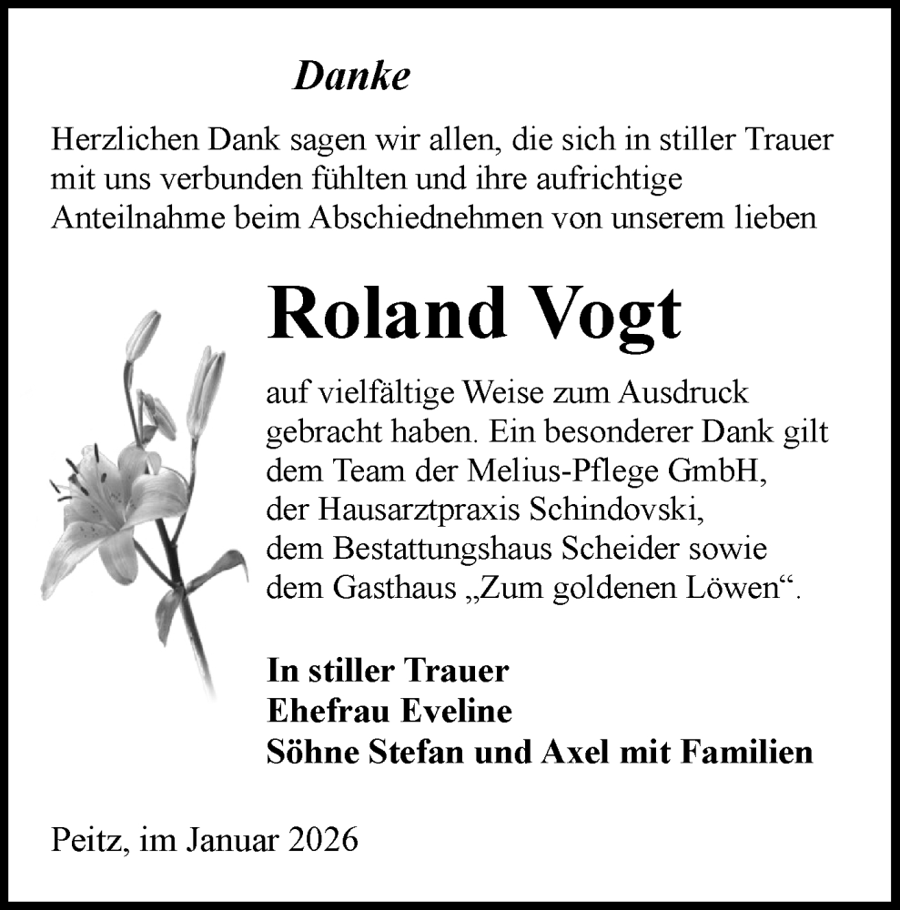  Traueranzeige für Roland Vogt vom 31.01.2026 aus Lausitzer Rundschau