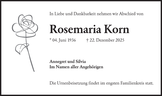 Traueranzeige von Rosemaria Korn von Lausitzer Rundschau
