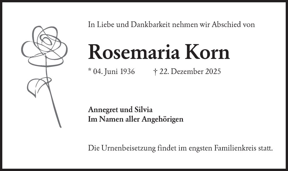  Traueranzeige für Rosemaria Korn vom 10.01.2026 aus Lausitzer Rundschau