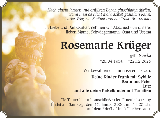 Traueranzeige von Rosemarie Krüger von Lausitzer Rundschau