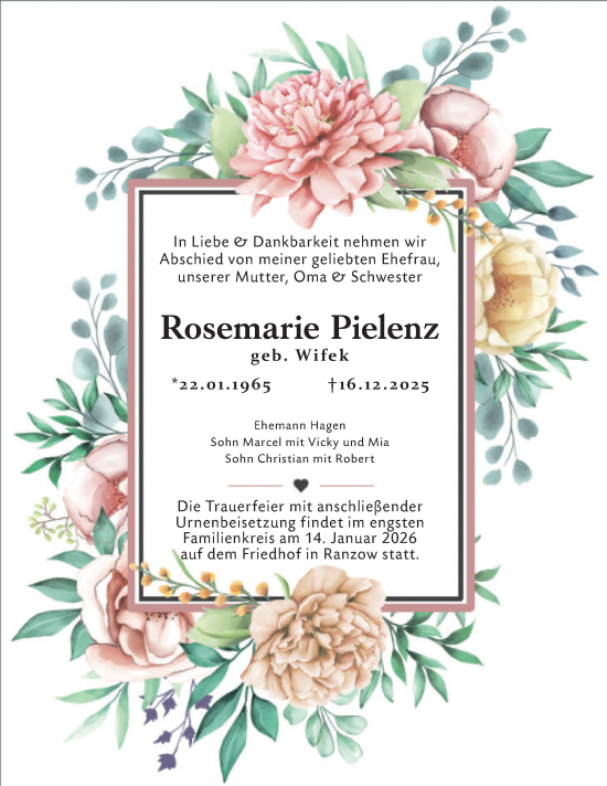 Traueranzeige von Rosemarie Pielenz von Ausg. LR Spreewald RS