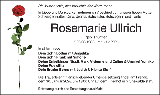 Traueranzeige von Rosemarie Ullrich von Lausitzer Rundschau