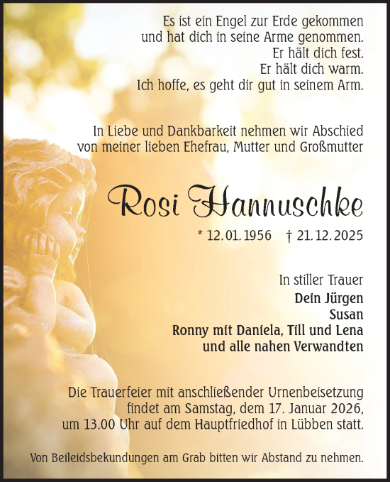 Traueranzeige von Rosi Hannuschke von Ausg. LR Spreewald RS