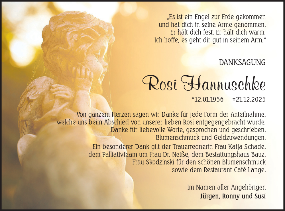 Traueranzeige für Rosi Hannuschke vom 31.01.2026 aus Ausg. LR Spreewald RS