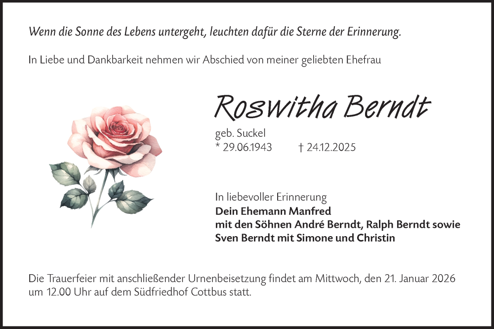  Traueranzeige für Roswitha Berndt vom 10.01.2026 aus Lausitzer Rundschau