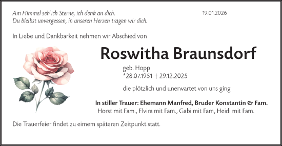 Traueranzeige von Roswitha Braunsdorf von Ausg. LR Spreewald RS