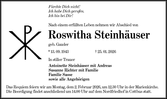 Traueranzeige von Roswitha Steinhäuser von Lausitzer Rundschau