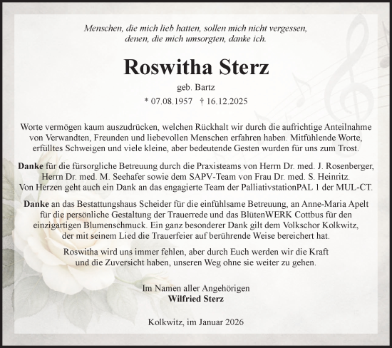 Traueranzeige von Roswitha Sterz von Lausitzer Rundschau