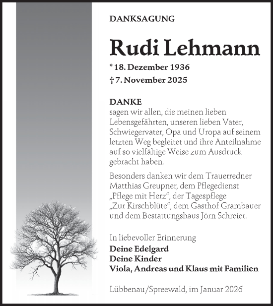 Traueranzeige von Rudi Lehmann von Ausg. LR Spreewald RS