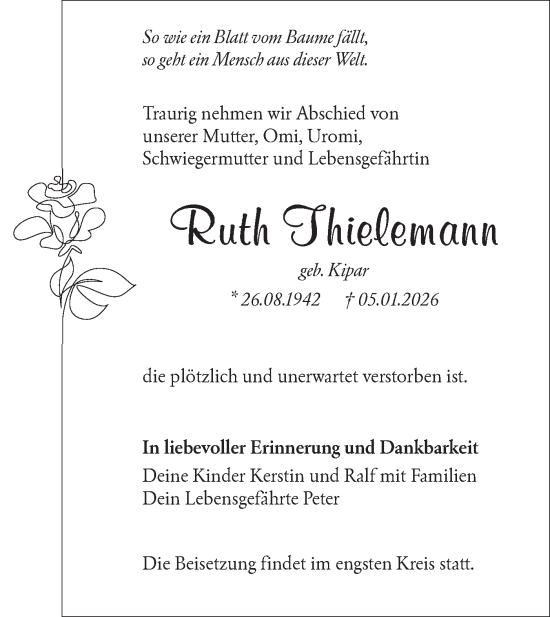 Traueranzeige von Ruth Thielemann von Ausg. LR Spreewald RS