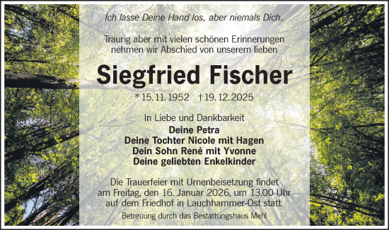Traueranzeige von Siegfried Fischer von Lausitzer Rundschau
