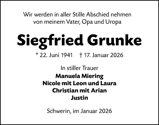 Traueranzeige von Siegfried Grunke von Lausitzer Rundschau