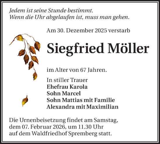 Traueranzeige von Siegfried Möller von Lausitzer Rundschau