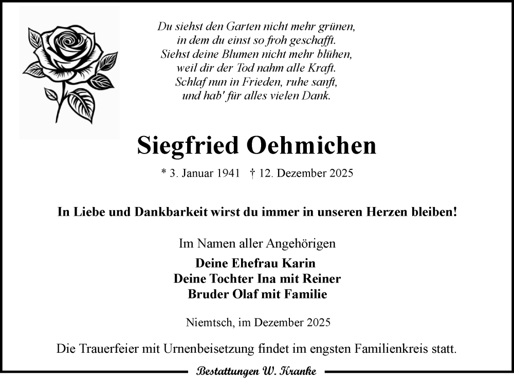  Traueranzeige für Siegfried Oehmichen vom 03.01.2026 aus Lausitzer Rundschau