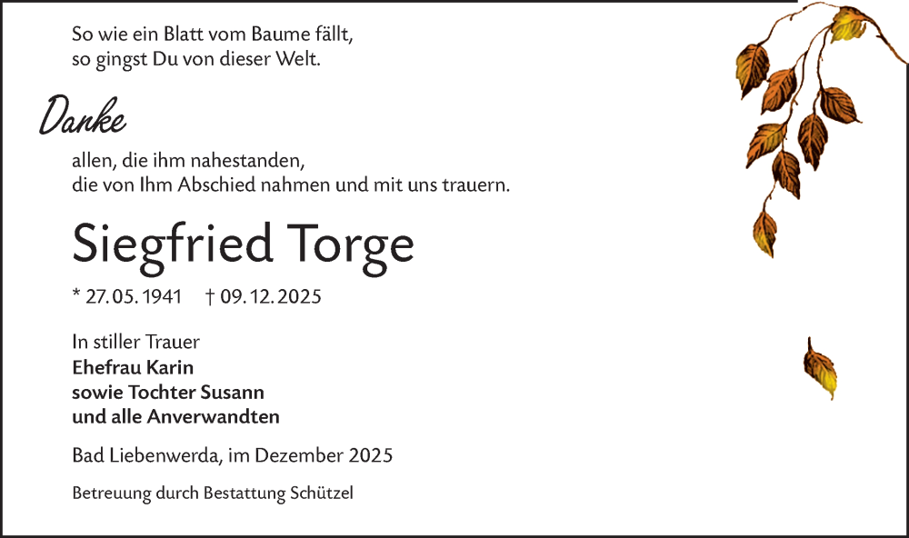  Traueranzeige für Siegfried Torge vom 24.01.2026 aus Lausitzer Rundschau
