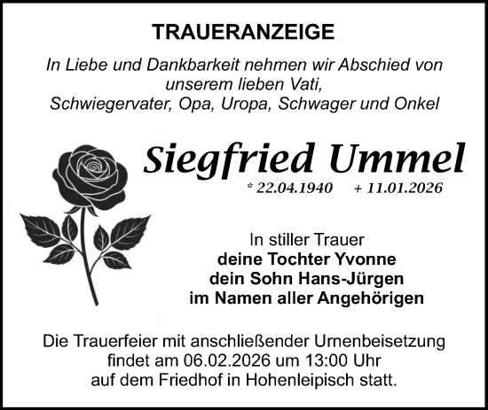 Traueranzeige von Siegfried Ummel von Lausitzer Rundschau