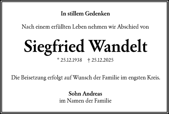 Traueranzeige von Siegfried Wandelt von Lausitzer Rundschau