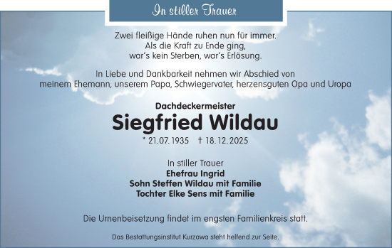 Traueranzeige von Siegfried Wildau von Lausitzer Rundschau