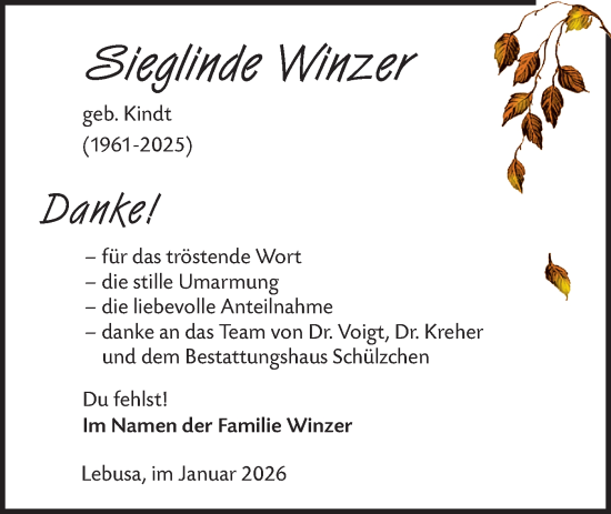 Traueranzeige von Sieglinde Winzer von Lausitzer Rundschau