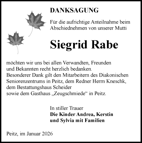 Traueranzeige von Siegrid Rabe von Lausitzer Rundschau