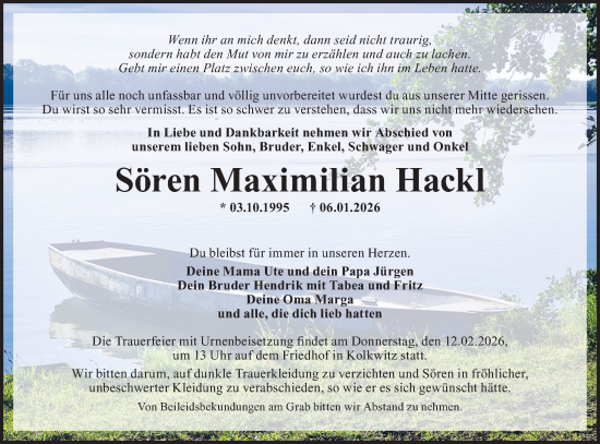 Traueranzeige von Sören Maximilian Hackl von Lausitzer Rundschau