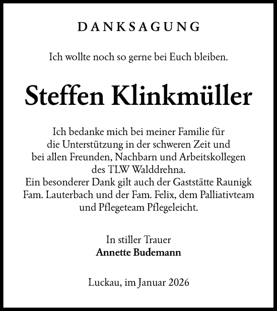 Traueranzeige von Steffen Klinkmüller von Ausg. LR Spreewald RS