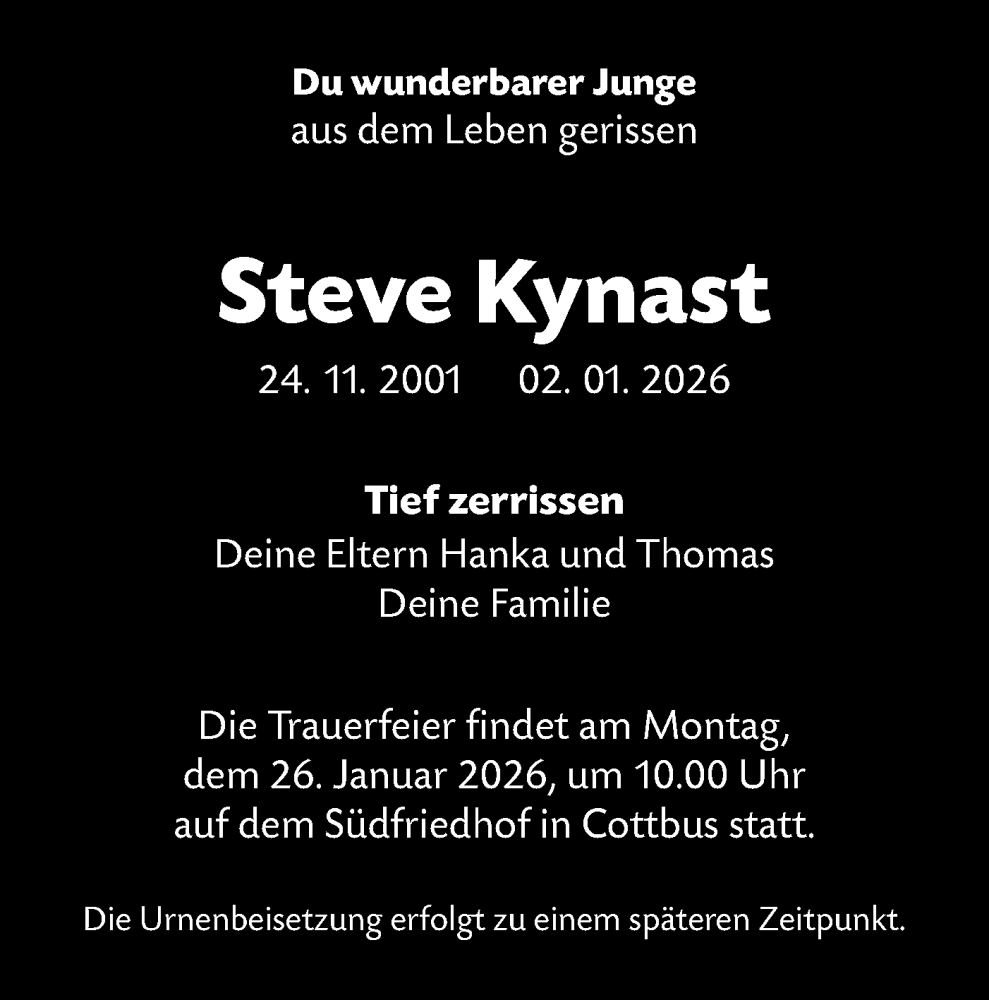  Traueranzeige für Steve Kynast vom 23.01.2026 aus Lausitzer Rundschau