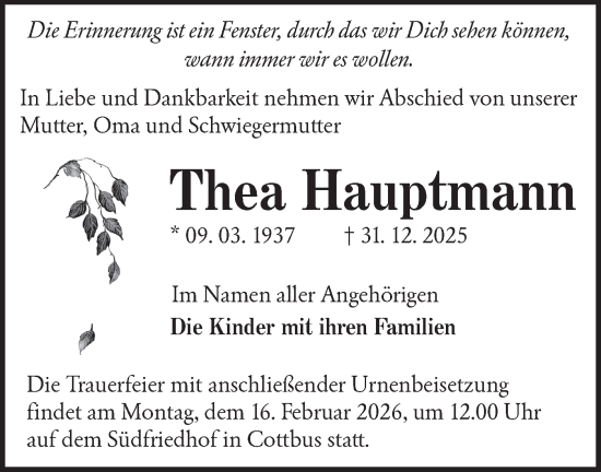 Traueranzeige von Thea Hauptmann von Lausitzer Rundschau