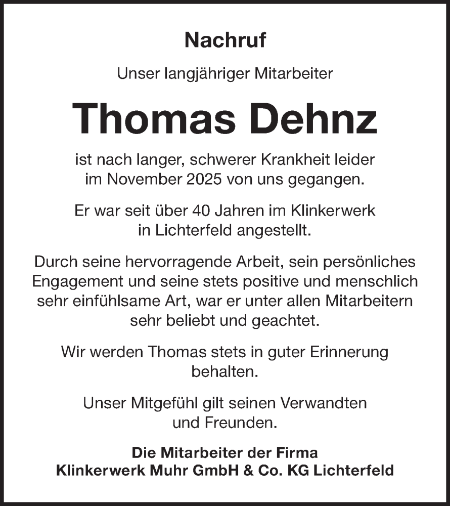  Traueranzeige für Thomas Dehnz vom 17.01.2026 aus Lausitzer Rundschau