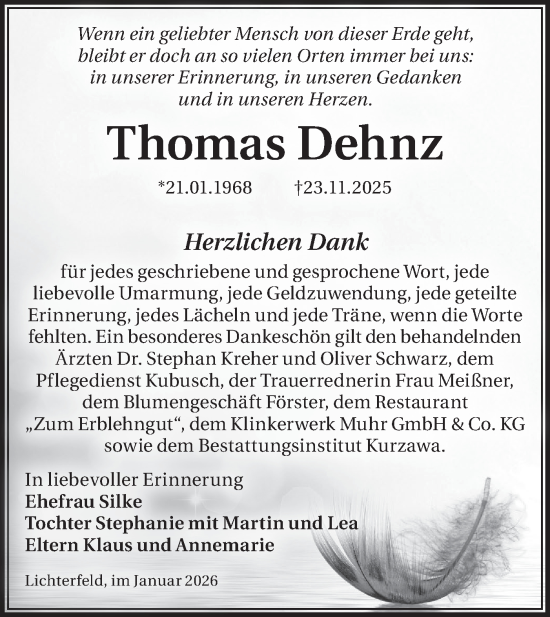 Traueranzeige von Thomas Dehnz von Lausitzer Rundschau