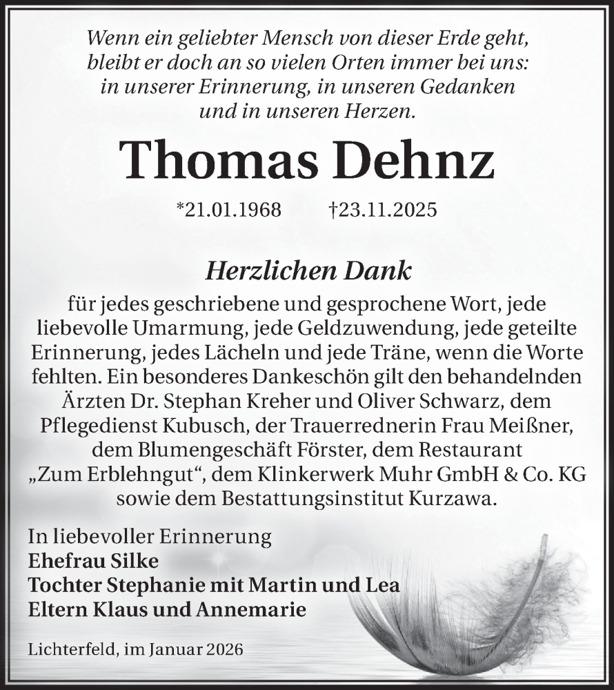  Traueranzeige für Thomas Dehnz vom 17.01.2026 aus Lausitzer Rundschau