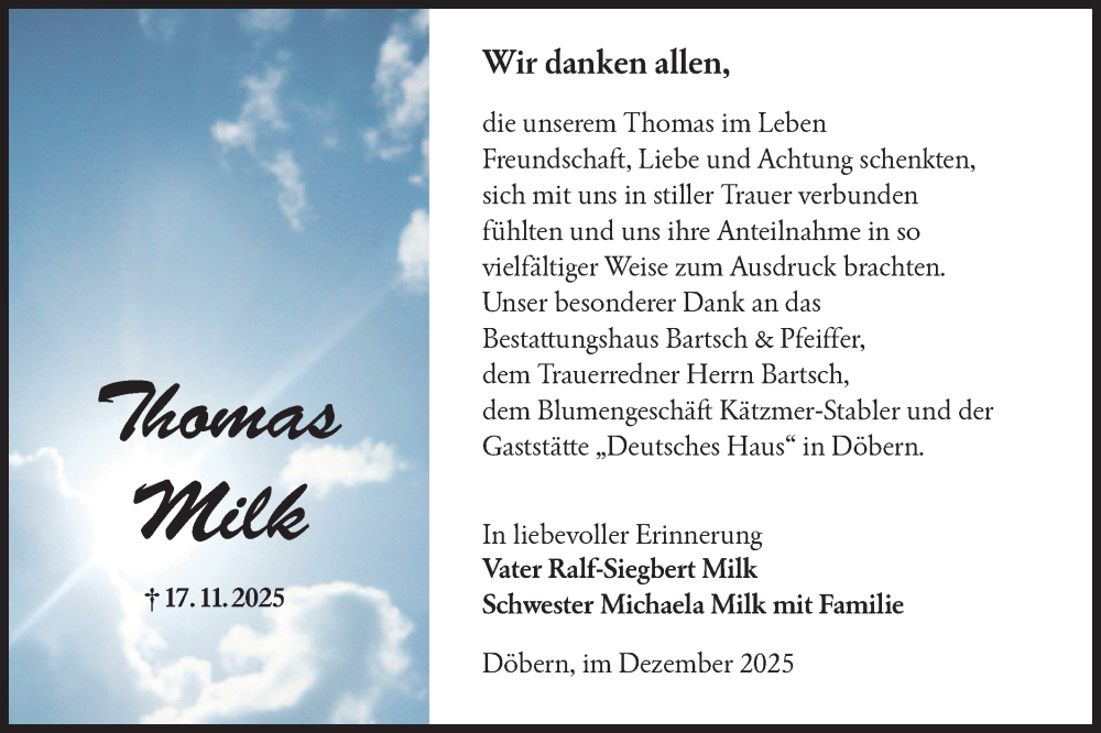  Traueranzeige für Thomas Milk vom 10.01.2026 aus Lausitzer Rundschau