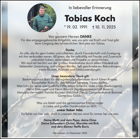 Traueranzeige von Tobias Koch von Lausitzer Rundschau