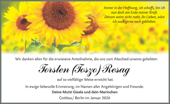 Traueranzeige von Torsten Resag von Lausitzer Rundschau