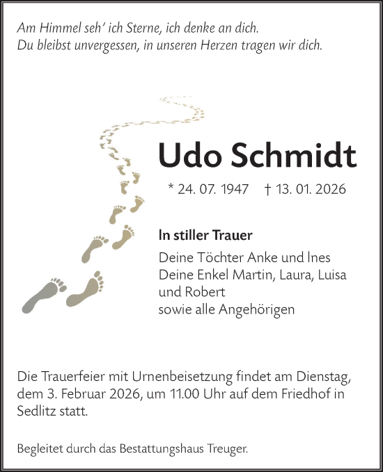 Traueranzeige von Udo Schmidt von Lausitzer Rundschau