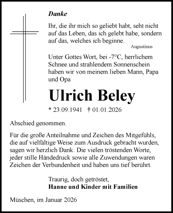 Traueranzeige von Ulrich Beley von Lausitzer Rundschau