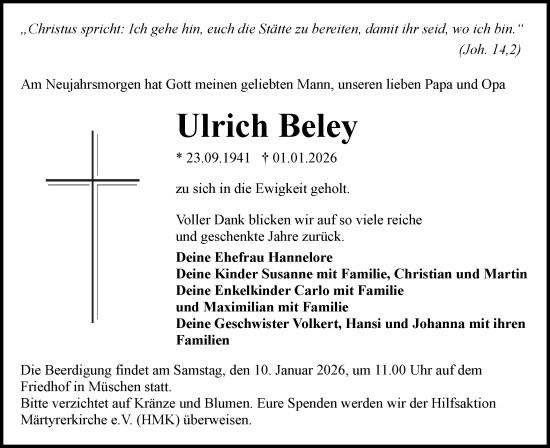 Traueranzeige von Ulrich Beley von Lausitzer Rundschau