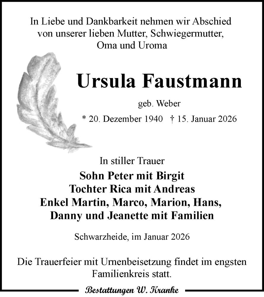  Traueranzeige für Ursula Faustmann vom 24.01.2026 aus Lausitzer Rundschau