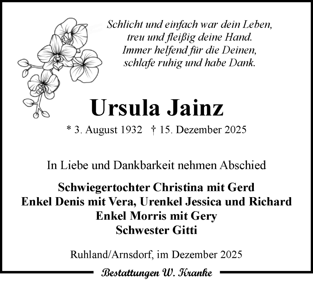  Traueranzeige für Ursula Jainz vom 03.01.2026 aus Lausitzer Rundschau