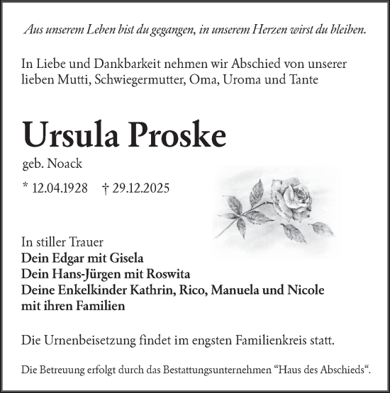 Traueranzeige von Ursula Proske von Lausitzer Rundschau