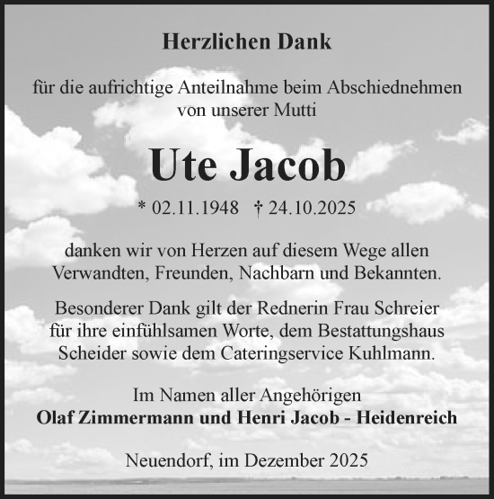 Traueranzeige von Ute Jacob von Lausitzer Rundschau
