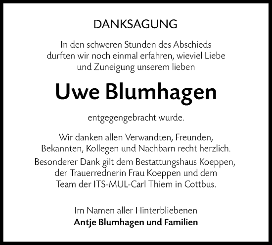 Traueranzeige von Uwe Blumhagen von Lausitzer Rundschau