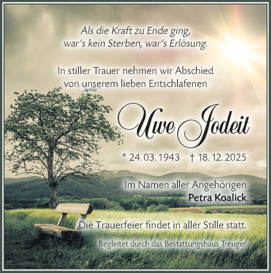 Traueranzeige von Uwe Jodeit von Lausitzer Rundschau