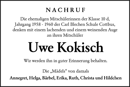 Traueranzeige von Uwe Kokisch von Lausitzer Rundschau