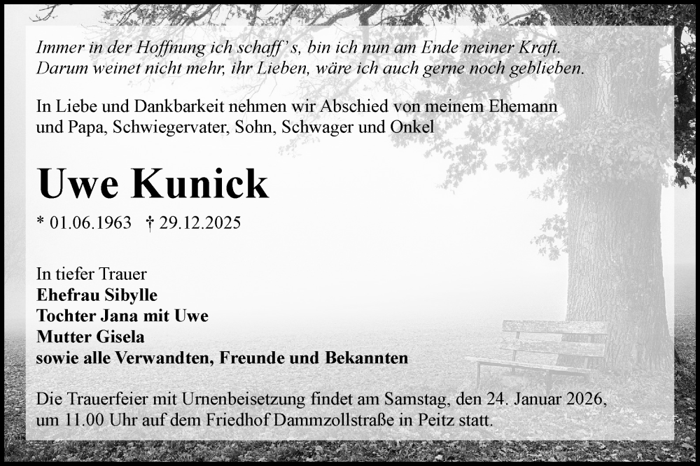  Traueranzeige für Uwe Kunick vom 10.01.2026 aus Lausitzer Rundschau
