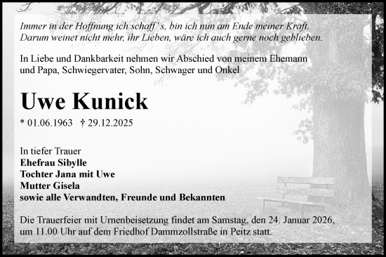 Traueranzeige von Uwe Kunick von Lausitzer Rundschau