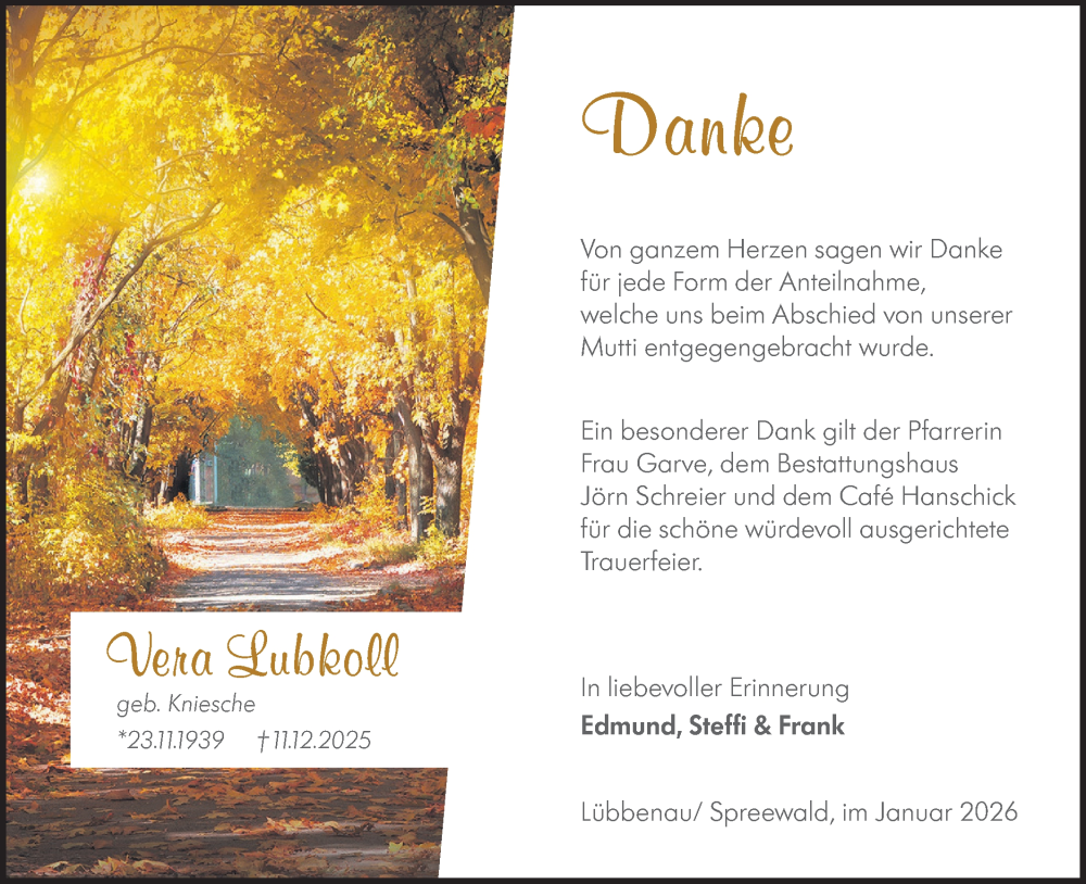  Traueranzeige für Vera Lubkoll vom 17.01.2026 aus Ausg. LR Spreewald RS